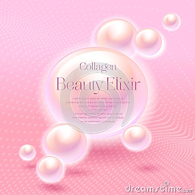 Collagen. Beauty Elixir. Cosmetic product. Pearl drops of wonderful liquid for youthful and beauty. Vector Illustration