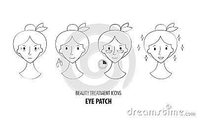 Collagen eye patches in . Beauty treatment illustration, application of patches under the eyes. Korean cosmetics. Steps how Cartoon Illustration