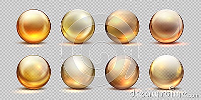 Collagen golden balls. Realistic cosmetic oil, liquid serum drop, transparent isolated 3D pills. Vector yellow collagen Vector Illustration