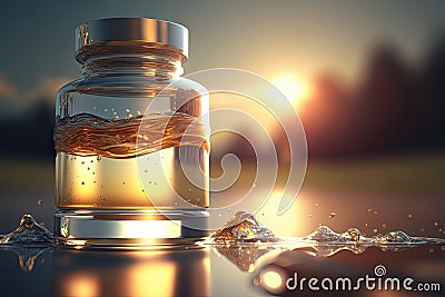 Collagen, peptides serum in glass bottles on ocean water, sunset background. Essential for beautiful, healthy skin Stock Photo