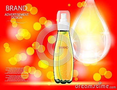 Collagen Premium Serum container template with drop, glossy bottle on the sparkling effects background. Vector Illustration