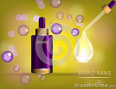 Collagen Premium Serum container template with dropper, glossy bottle on the sparkling effects background. Vector Illustration