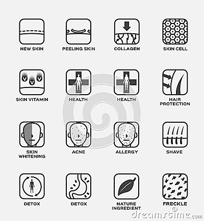 Collagen , skin and hair icon vector . cell vitamin health whitening acne allergy shave detox nature ingredient freckle Vector Illustration