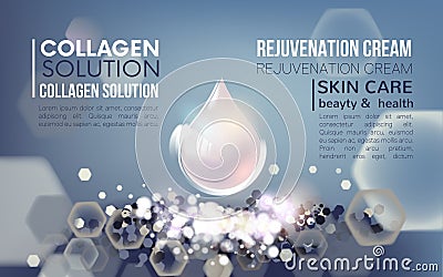 Collagen solution,Drop,Serum and Vitamin Background.Concept Skin Care Cosmetic.Regenerate cream. Vector Illustration