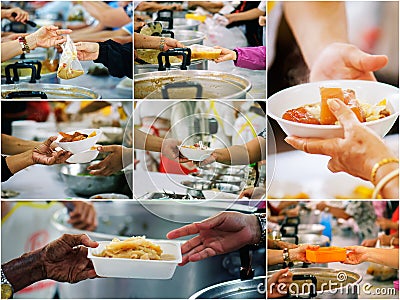 Collages food : The concept of food sharing Help solve Hunger for the homeless Stock Photo
