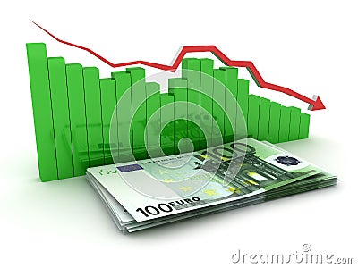 Collapse euro chart. Green histogram, red, arrow. Stock Photo