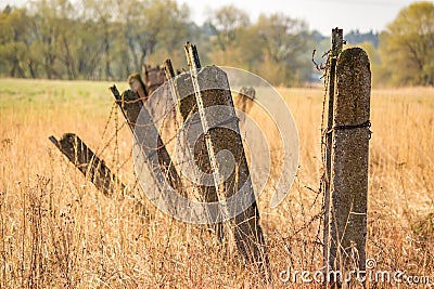 Collapsed old fence and concrete pillars and barbed wire Stock Photo