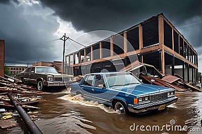 Collapsed Structures Succumbing to a Torrential Deluge: Water Violently Engulfing the Remnants of Urban Decay Stock Photo