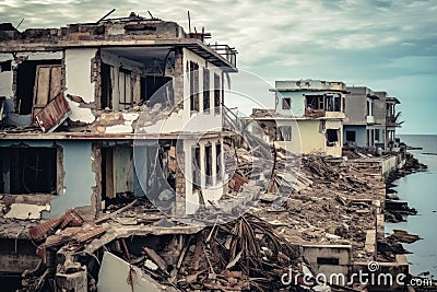 Collapsed Walls of Houses and Damaged Roofs Due to the Strongest Storm and Hurricane extreme closeup. Generative AI Stock Photo