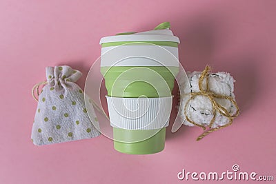 Collapsible silicone mug, mesh bag and reusable cotton discs set Stock Photo