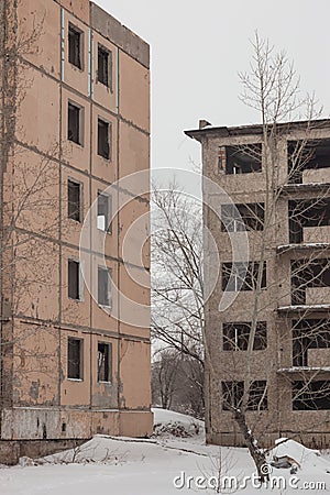 Collapsing five-story panel houses. ruin. dilapidated building Stock Photo