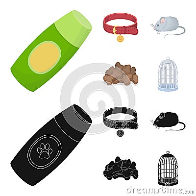 A collar, a forage, a toy, a cage and other products of the zoo store.Pet shop set collection icons in cartoon,black Vector Illustration