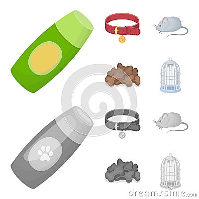 A collar, a forage, a toy, a cage and other products of the zoo store.Pet shop set collection icons in cartoon Vector Illustration