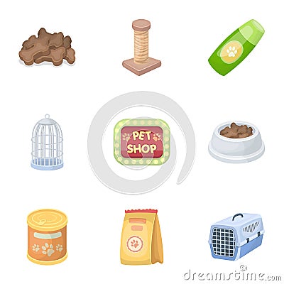 Collar, pet food and other products. Pet shop set collection icons in cartoon style vector symbol stock illustration web Vector Illustration