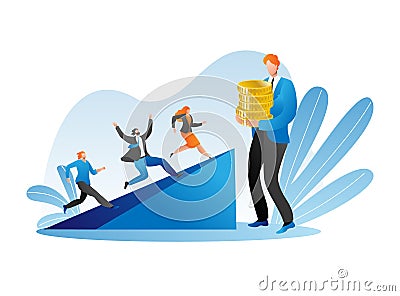 Colleague company together running to business success, team leader hold stack gold coin flat vector illustration Cartoon Illustration