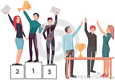 People take first place in competition, win trophy, prize. Colleagues celebrate business victory Vector Illustration