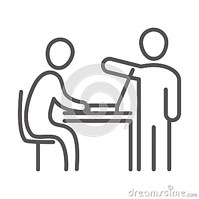 Colleagues in company, laptop in the desk, coworking office business workspace, line icon design Vector Illustration