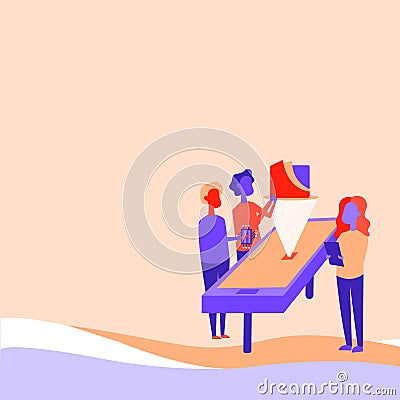 Colleagues Drawing Standing Beside Table Projection Graph Chart. Teammates Design Stands Surrounding Desk Presenting Vector Illustration