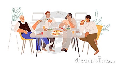 Colleagues having meal, business lunch at dining table in office. People eating pizza together at break. Employees Vector Illustration