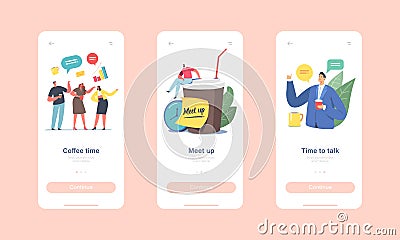 Colleagues Meetup Mobile App Page Onboard Screen Template. Businesspeople Characters Company Employees Coffee Break Vector Illustration