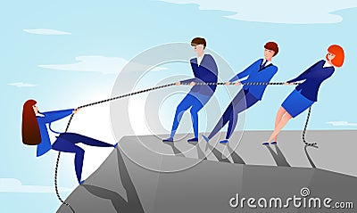 Colleagues pull rope. Teamwork concept with cartoon office workers helping to reach the top of the mountain to their Vector Illustration