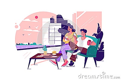 Colleagues relax on a couch in office Vector Illustration