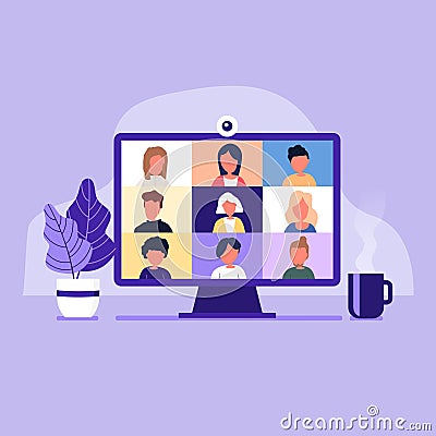 Colleagues talk to each other on the computer screen. Conference video call, working from home. Vector Illustration