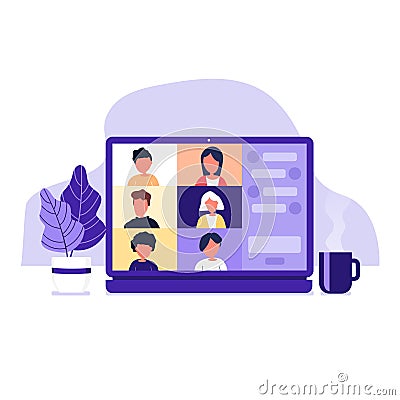 Colleagues talk to each other on the laptop screen. Conference video call, working from home. Vector Illustration