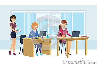 Colleagues work together to discuss the work project of company. Vector Illustration