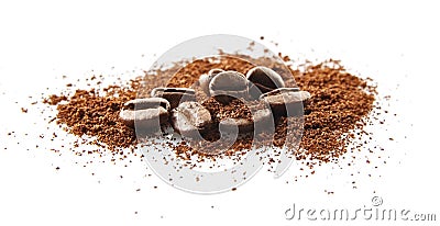 Collected coffee beans with coffee powder on white Stock Photo