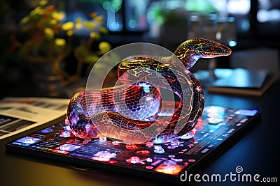 Collected data on a small square hologram, showing the structure of a snake, the Paleocene era, future technology, science, Stock Photo