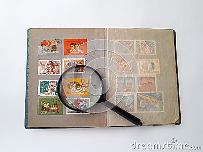Collectible album with old postage stamps of the USSR Editorial Stock Photo