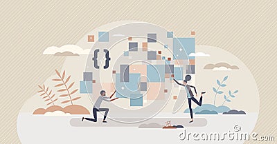 Collecting data and big information volume gathering tiny person concept Vector Illustration