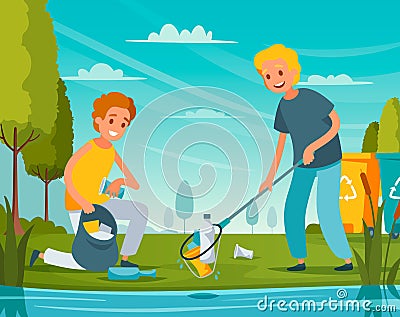 Collecting Garbage Flat Composition Vector Illustration