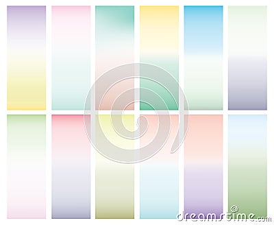 Collection of 12 abstract bright gradients. Tender colors, smooth background for design. Blue, green, yellow, pink Vector Illustration