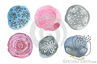 Collection of Abstract bubble watercolor doodle circle blot painting. Texture paper. Isolated on white background Stock Photo