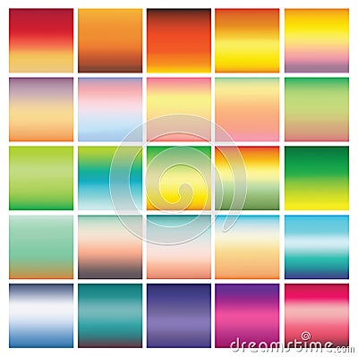 Collection of 25 abstract colorful gradients. Bright colors, smooth background for design. Blue, green, yellow, orange Vector Illustration