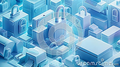Collection of abstract digital locks and devices illustrates data security concepts. Generative by AI Stock Photo