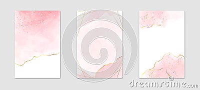 Abstract dusty pink liquid watercolor background with golden lines, dots and polygonal frame. Pastel marble alcohol ink Vector Illustration