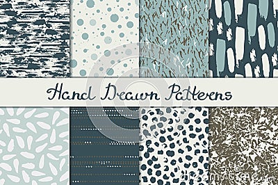 Collection of abstract seamless patterns in blue and brown colors. Ink, pen and brush. Hand drawn. Vector Illustration