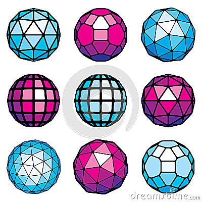 Collection of abstract vector low poly objects. Set of futuristic balls with geometric figures. 3d shapes can be used in Vector Illustration