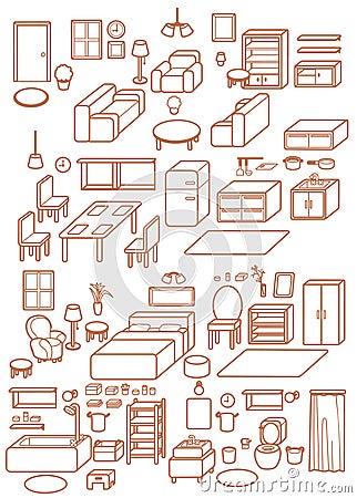 Collection of Adjustable Interior Furniture Design Icon infographic ,chair ,table ,daybed ,sofa ,stool , window, lamp, cupboard Stock Photo