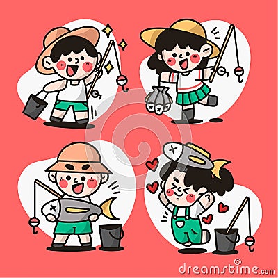 Collection of adorable children fishing doodle illustration Vector Illustration