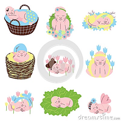 Collection of Adorable Sleeping Newborn Babies Vector Illustration Vector Illustration