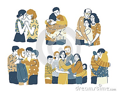 Collection of adorable smiling people standing together and hugging, cuddling and embracing each other. Acceptance, love Vector Illustration