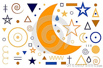 A set of aesthetic and modern Astrology minimalistic linear illustrations of the sun, moon, stars, geometric elements Vector Illustration