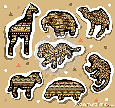 Collection of african animals stickers with seamless pattern Vector Illustration