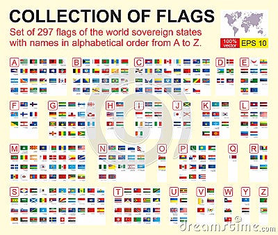 Set of 297 flags of the world sovereign states with names in alphabetical order from A to Z. Vector illustration. Cartoon Illustration