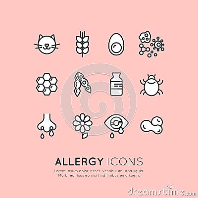 Collection of Allergy, Food and Domestic Pet Intolerance, Skin Reaction, Eye and Nose Disease Vector Illustration