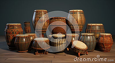 Collection of ancient vintage wooden drums. Oriental musical instruments Stock Photo